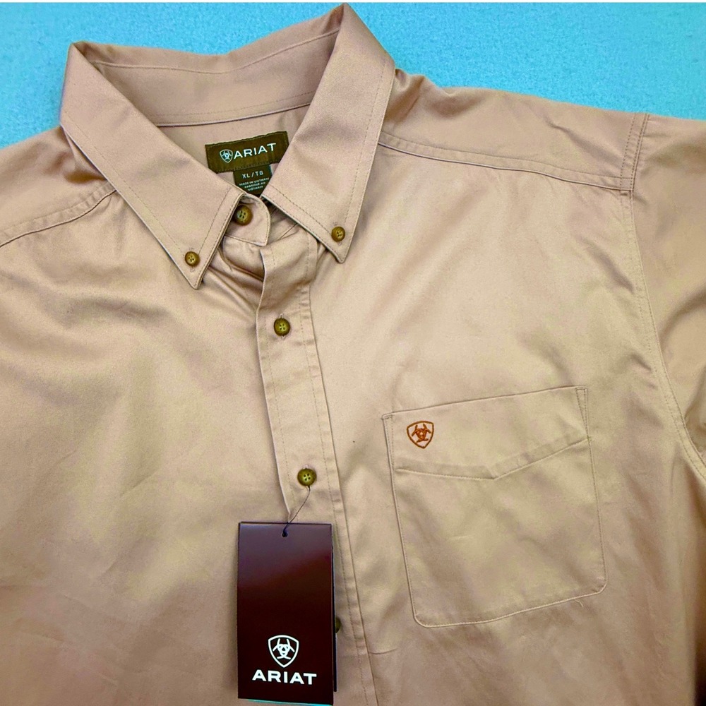 Ariat Button Down Shirt Mens XL Khaki Solid Twill Classic Fit Long Sleeve Cowboy